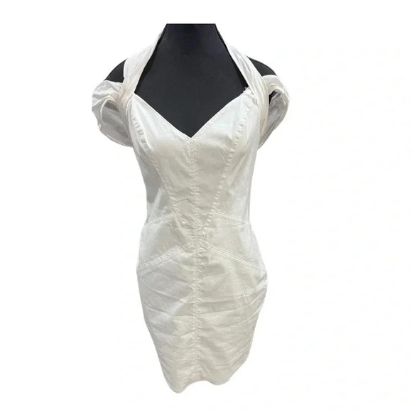 Bebe |  Structured White Halter Dress With Off Shoulder Detail | Size M - Picture 1 of 12